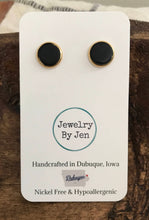 Load image into Gallery viewer, Jewelry By Jen - Stud Earrings: Black Leather - Gold Setting ///