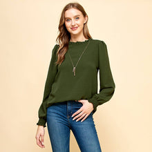 Load image into Gallery viewer, Les Amis - Solid Top with Ruffled Neck and Smocked Sleeves.: Black / L ///