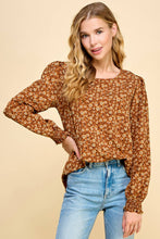 Load image into Gallery viewer, Les Amis - Floral Printed Top with Smocked Sleeves Detail: Rust / L///