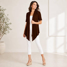 Load image into Gallery viewer, ROOTEASE - Women's Rayon Spandex Draped Cardigan, Short Sleeve, Asymmetrical Hem: Black / S US women's letter