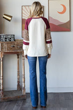 Load image into Gallery viewer, 7th Ray - Color Block Raglan Sleeve V Stitch  Long Sleeve Top T5812: Cream/Burgundy/// / S