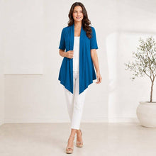 Load image into Gallery viewer, ROOTEASE - Women's Rayon Spandex Draped Cardigan, Short Sleeve, Asymmetrical Hem: Black / S US women's letter