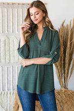 Load image into Gallery viewer, HEIMISH - ST1002-71 ROLL UP SLEEVE MANDARIN COLLAR SOLID TOP: ///BURGUNDY / 2-2-2 (S-M-L)