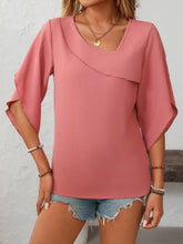 Load image into Gallery viewer, Women's Ruffled Split Sleeve V-Neck Casual Flowing Chiffon Top: Rose red / ///100%Polyetser / S