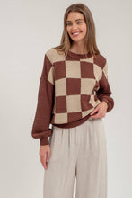 Load image into Gallery viewer, Blu Pepper - CHECKERED CROCHET KNIT LONG SLEEVE SWEATER: GREY MULTI///