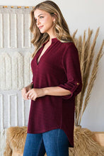 Load image into Gallery viewer, HEIMISH - ST1002-71 ROLL UP SLEEVE MANDARIN COLLAR SOLID TOP: ///BURGUNDY / 2-2-2 (S-M-L)