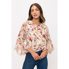 Load image into Gallery viewer, Perseption - FLORAL MIX MEDIA PINTUCK ANGEL BLOUSE: TAUPE/BURGUNDY/GREEN / S-M-L-XL(1-2-2-1)