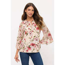 Load image into Gallery viewer, Perseption - FLORAL MIX MEDIA PINTUCK ANGEL BLOUSE: TAUPE/BURGUNDY/GREEN / S-M-L-XL(1-2-2-1)