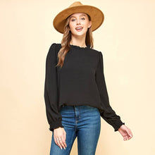 Load image into Gallery viewer, Les Amis - Solid Top with Ruffled Neck and Smocked Sleeves.: Black / L ///