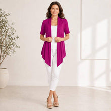 Load image into Gallery viewer, ROOTEASE - Women's Rayon Spandex Draped Cardigan, Short Sleeve, Asymmetrical Hem: Black / S US women's letter