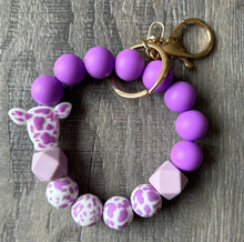 Load image into Gallery viewer, JILLIAN INK LLC - Cow Pattern Silicone Beaded Wristlet Keychain: Teal ///