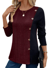 Load image into Gallery viewer, Suhkasana - Color Block Button Split Top Casual Long Sleeve Cross-Border: Red / ///XL