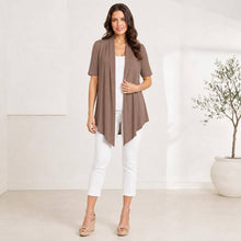 Load image into Gallery viewer, ROOTEASE - Women's Rayon Spandex Draped Cardigan, Short Sleeve, Asymmetrical Hem: Black / S US women's letter