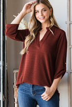 Load image into Gallery viewer, HEIMISH - ST1002-71 ROLL UP SLEEVE MANDARIN COLLAR SOLID TOP: ///BURGUNDY / 2-2-2 (S-M-L)