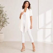 Load image into Gallery viewer, ROOTEASE - Women's Rayon Spandex Draped Cardigan, Short Sleeve, Asymmetrical Hem: Black / S US women's letter