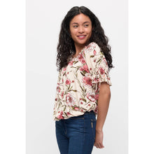 Load image into Gallery viewer, Perseption - FLORAL ITY BABY RUFFLE NECK TIE SLEEVE PEASANT: TAUPE/MAUVE/GREEN / S-M-L-XL(1-1-1-1)