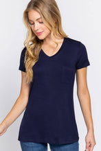 Load image into Gallery viewer, Active Basic | Active USA - Short Sleeve V-neck Top with Pocket: Nvy-True Navy / M