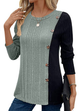 Load image into Gallery viewer, Suhkasana - Color Block Button Split Top Casual Long Sleeve Cross-Border: Red / ///XL