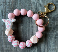 Load image into Gallery viewer, JILLIAN INK LLC - Cow Pattern Silicone Beaded Wristlet Keychain: Teal ///