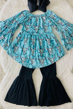Load image into Gallery viewer, luluclothes - 1182WY Turquoise aztec bull top black bell bottom girls sets: XXXL 7////8Y