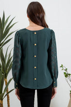Load image into Gallery viewer, Blu Pepper - V NECK BACK BUTTONED SHEER PLAID LONG SLEEVE BLOUS: HUNTER GREEN///