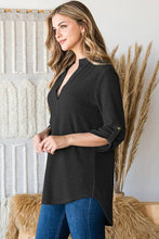 Load image into Gallery viewer, HEIMISH - ST1002-71 ROLL UP SLEEVE MANDARIN COLLAR SOLID TOP: BURGUNDY /// 2-2-2 (1X-2X-3X)