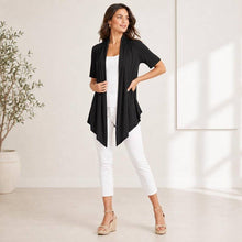 Load image into Gallery viewer, ROOTEASE - Women's Rayon Spandex Draped Cardigan, Short Sleeve, Asymmetrical Hem: Black / S US women's letter