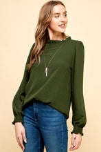 Load image into Gallery viewer, Les Amis - Solid Top with Ruffled Neck and Smocked Sleeves.: Black / L ///
