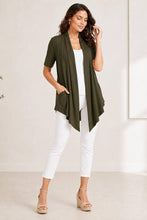 Load image into Gallery viewer, ROOTEASE - Women's Rayon Spandex Draped Cardigan, Short Sleeve, Asymmetrical Hem: Black / S US women's letter
