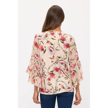 Load image into Gallery viewer, Perseption - FLORAL MIX MEDIA PINTUCK ANGEL BLOUSE: TAUPE/BURGUNDY/GREEN / S-M-L-XL(1-2-2-1)