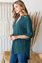 Load image into Gallery viewer, HEIMISH - ST1002-71 ROLL UP SLEEVE MANDARIN COLLAR SOLID TOP: ///BURGUNDY / 2-2-2 (S-M-L)