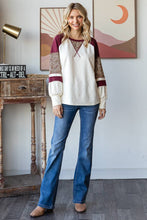 Load image into Gallery viewer, 7th Ray - Color Block Raglan Sleeve V Stitch  Long Sleeve Top T5812: Cream/Burgundy/// / S