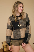 Load image into Gallery viewer, Blu Pepper - PLAID KNIT PATTERN CREWNECK PULLOVER SWEATER: BLACK///