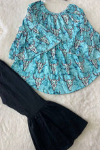 Load image into Gallery viewer, luluclothes - 1182WY Turquoise aztec bull top black bell bottom girls sets: XXXL 7////8Y