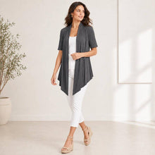Load image into Gallery viewer, ROOTEASE - Women's Rayon Spandex Draped Cardigan, Short Sleeve, Asymmetrical Hem: Black / S US women's letter