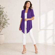 Load image into Gallery viewer, ROOTEASE - Women's Rayon Spandex Draped Cardigan, Short Sleeve, Asymmetrical Hem: Black / S US women's letter