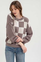 Load image into Gallery viewer, Blu Pepper - CHECKERED CROCHET KNIT LONG SLEEVE SWEATER: GREY MULTI///