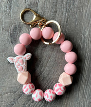 Load image into Gallery viewer, JILLIAN INK LLC - Cow Pattern Silicone Beaded Wristlet Keychain: Teal ///