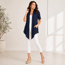 Load image into Gallery viewer, ROOTEASE - Women's Rayon Spandex Draped Cardigan, Short Sleeve, Asymmetrical Hem: Black / S US women's letter