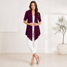 Load image into Gallery viewer, ROOTEASE - Women's Rayon Spandex Draped Cardigan, Short Sleeve, Asymmetrical Hem: Black / S US women's letter