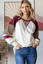 Load image into Gallery viewer, 7th Ray - Color Block Raglan Sleeve V Stitch  Long Sleeve Top T5812: Cream/Burgundy/// / S