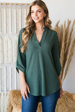 Load image into Gallery viewer, HEIMISH - ST1002-71 ROLL UP SLEEVE MANDARIN COLLAR SOLID TOP: ///BURGUNDY / 2-2-2 (S-M-L)