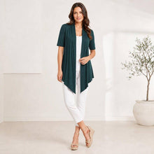 Load image into Gallery viewer, ROOTEASE - Women's Rayon Spandex Draped Cardigan, Short Sleeve, Asymmetrical Hem: Black / S US women's letter