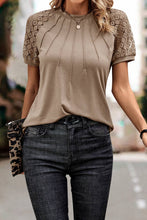 Load image into Gallery viewer, Women's Seamed Detail Contrast Lace Raglan Sleeve Tee: Pale Khaki / ///65%Polyester+30%Viscose+5%Elastane / S