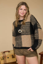 Load image into Gallery viewer, Blu Pepper - PLAID KNIT PATTERN CREWNECK PULLOVER SWEATER: BLACK///