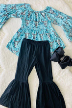Load image into Gallery viewer, luluclothes - 1182WY Turquoise aztec bull top black bell bottom girls sets: XXXL 7////8Y