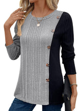 Load image into Gallery viewer, Suhkasana - Color Block Button Split Top Casual Long Sleeve Cross-Border: Red / ///XL