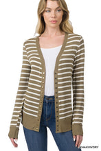 Load image into Gallery viewer, STRIPED SNAP BUTTON CARDIGAN khak/ivory, Dk olive/ivory, ocean blue #b#o