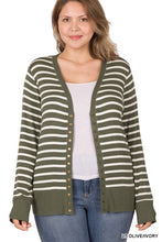 Load image into Gallery viewer, STRIPED SNAP BUTTON CARDIGAN khak/ivory, Dk olive/ivory, ocean blue #b#o