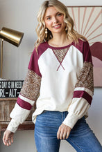 Load image into Gallery viewer, 7th Ray - Color Block Raglan Sleeve V Stitch  Long Sleeve Top T5812: Cream/Burgundy/// / S